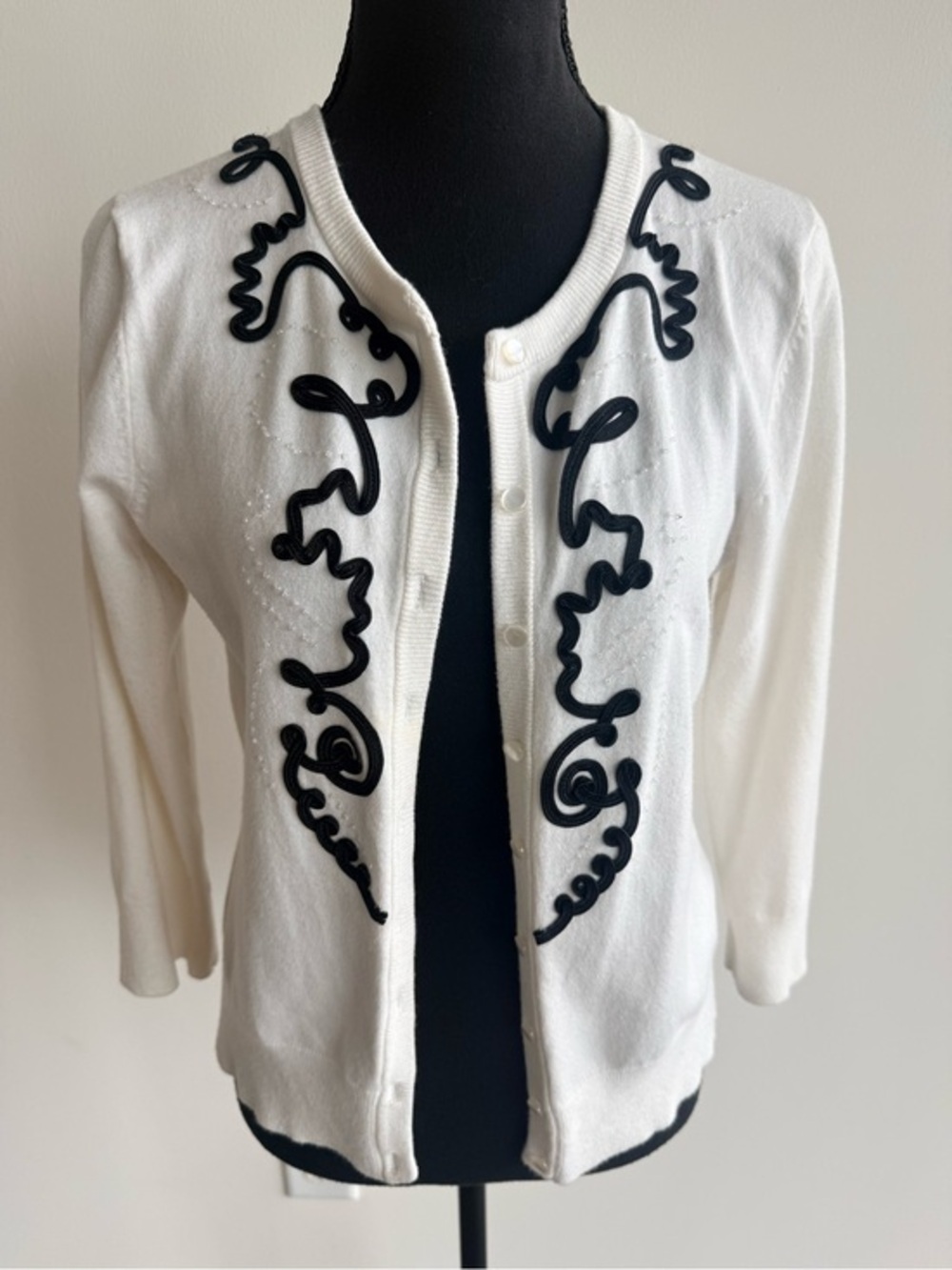 Carole Little White Cardigan with Black Appliqué Trim